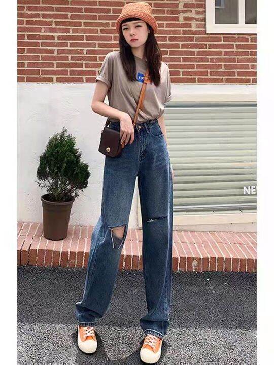 Wide Leg Jeans Baggy Jeans Tattered Design Woman Mom Jeans Sex Style Lazada Ph