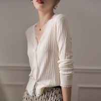 Spot White Knitted Cardigan New V -Neck Long Sleeve Thin Hollow And Out -Of -The -Leaf Small Incense Wind