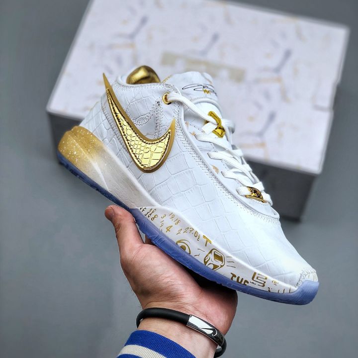 white and gold lebrons