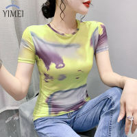 YIMEI เสื้อยืดผู้หญิงเข้ารูปแขนสั้นพิมพ์ลายคอกลมเข้ารูปสำหรับฤดูร้อน2023เข้ารูปพอดี