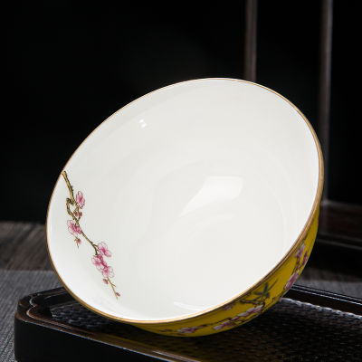 Plum Enamel Gilt Edged Fine Bone China Bowl Family Chinese Noodle Bowl High Foot Rice Bowl Palace Style Ceramic Tableware