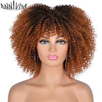 ❒✥ Short Hair Afro Kinky Curly Wigs With Bangs African Synthetic Ombre Glueless Cosplay Wigs For Black Women High Temperature