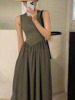 HOT★Elegant Sleeveless Women Dress Slim Temperament O-neck Pleated Spring Female Vest Dresses High Waist Solid A-line Long Vestidos