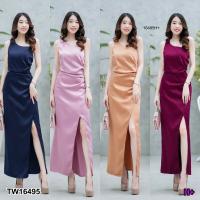 เดรสยาว แขนกุด ไหล่เฉียง เว้าเอว ผ่าหน้า TT16495 Long dress, sleeveless, slanted shoulders, slit waist, front slit