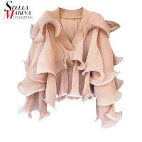 ใหม่ฤดูใบไม้ผลิสีชมพูสีฟ้าแขนยาว C Ascading Ruffles ผู้หญิงยืดเสื้อสไตล์เกาหลีสาวน่ารักสวมใส่เก๋เสื้อ B Lusas MF07
