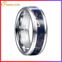 BONLAVIE 8mm Wide Tungsten Carbide Ring Wedding Engagement Steel Color Inlaid Lapis Lazuli Tungsten Steel Mens Ring T230R