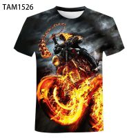 2023 newmens Skull T เสื้อแฟชั่นฤดูร้อนแขนสั้น Ghost Rider Cool เสื้อยืด3D Skull พิมพ์เสื้อ ROCK Fire Skull balart Men