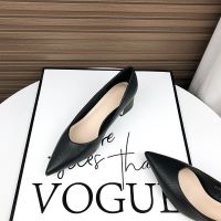 ✶ Temperament soft leather black work high heels for women ol professional thick heels 2023 new style French pointed toe shoes that are not tiring for the feet