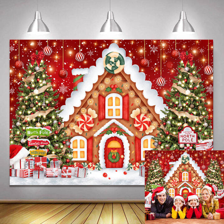 Winter Red Christmas Merry Biscuit House Snow Gift Backdrop Family ...