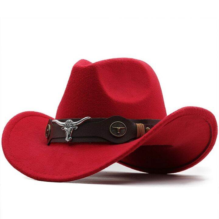 simple-wome-men-red-wool-chapeu-western-cowboy-hat-gentleman-jazz-sombrero-hombre-cap-หมวก-dad-cowgirl-ขนาด-56-58-ซม