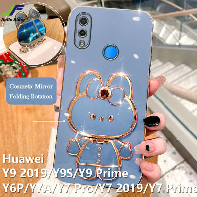 เคสโทรศัพท์กระต่ายน่ารัก JieFie สำหรับ Huawei Y9 2019 / Y9S / Y9 Prime / Y7A / Y6P / Y7 Pro / Y7 2019 / Y7 Prime ชุบโครเมี่ยมสุดหรูกล่องสี่เหลี่ยมจตุรัสแต่งหน้า Tpuนิ่มชนิดใสฝาครอบโทรศัพท์ + ขาตั้ง