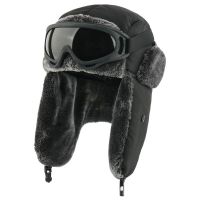 Winter Waterproof Bomber Hats Earflap Russian Ushanka with Goggles Men Womens Trapper Pilot Hat Faux Fur Thermal Snow Caps