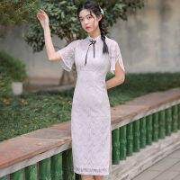 2022จินผ้าฝ้ายเย็บปักถักร้อยเนื้อสาว Cheongsam ตาข่ายขนาดเล็กสดสีดำโบว์ Cheongsam