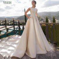 【jw】☽☽ﺴ  YEEH Plain Draped Wedding Bride Back Robe De Soire Cap Sleeves Vestido Novia