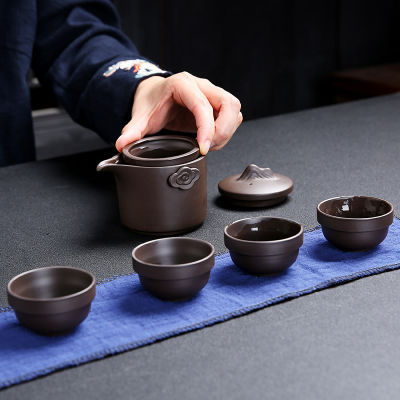 ทรายสีม่วงชุดน้ำชาจีนกังฟูเดินทางชุดน้ำชาสีม่วงแบบพกพาชุดกาน้ำชากลางแจ้ง Gaiwan ถ้วยชาของพิธีชงชาถ้วยน้ำชา