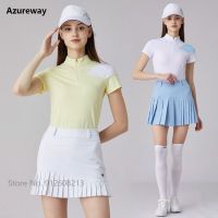 Azureway Girl Zipper Collar T-shirts Short Sleeve Patchwork Golf Tops Tennis Pencil Skirt Lady Anti-light Pleated Skort Sets