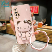 YiaMia เคสโทรศัพท์แฟชั่นสำหรับ Huawei Nova 5T / 10 Se/ 10 Pro / 9 Se/ 8i / 8 Se/ 7 7i / 7 Se/ 7 Se/ 7 Se/ 6 Se/ 4E / 3i แฟชั่นตัวชุบโลหะหรูหรา KT ฝาครอบโทรศัพท์มีที่ยึดกระจกเงาโต๊ะเครื่องแป้งแมว + สายรัดข้อมือ