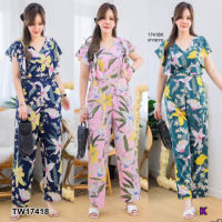 B17418 Jumpsuit #สาวอวบ คอวีแต่งระบายขายาว พิมพ์ลาย Jumpsuit #chubby girl V-neck decorated with fringe, long legs, printed pattern