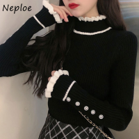 Neploe Jersey Mujer Vintage Pull Femme Stand Neck Fungus Edge Contrast Color Patchwork Jumpers Long Sleeve Chic Buttons Sweater