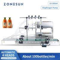 ZONESUN เครื่องบรรจุอัตโนมัติ ZS-DTDP4G 4หัวไดอะแฟรมขวดปั๊มของเหลวพร้อมสายพานสำหรับสายการผลิตขนาดเล็ก