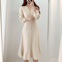 Vintage One Piece Korean Pleated Dress Long Sleeve Slim Woman Sweater Dresses Knitted Elegant Midi Party Woman Dress Autumn 2021