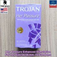 Trojan® Her Pleasure Enhanced Stimulation For Her Size 54-56 mm. 12 Condoms โทรจัน คอนดอม ถุงยางอนามัย ถุงยางขนาดใหญ่ มีลายนูนและโค้งมน ออกแบบมาเพื่อผู้หญิง