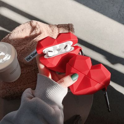 ✎❣ Cartoon 3D Red Diamond Lovely Heart Bluetooth Headset Silicone Case For Airpods 1 2 Wireless Charging Cover For Airpods Pro 3