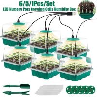 New 6/5/1Pcs/Set Plant Growing Tray Set LED Light Nursery Pots Growing Cells Humidity Box Adjustable Greenhouse Germination Kit