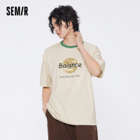 SEMIR เสื้อยืดแขนสั้นพิมพ์ลายตัวอักษรสำหรับผู้ชาย2022ใหม่สีตัดกันคอกลมชายฤดูร้อนถักเทรนด์ฤดูร้อน Ins