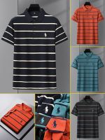 Middle-aged business black and white striped short-sleeved T-shirt mens polo shirt summer ice silk lapel trendy high-end horse logo embroidery a 【SSY】