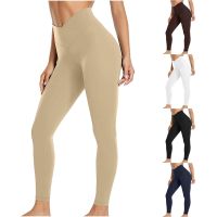 สตรีสีทึบข้ามเอวสูงยกสะโพกกางเกงกีฬากางเกงโยคะ Leggings คร็อปแพนท์ LANG