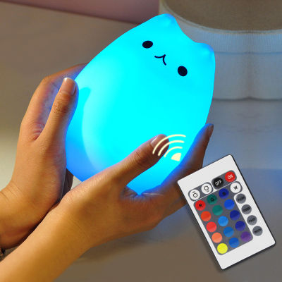 Cat LED Night Light Touch Sensor Remote Control 16 Colors Dimmable USB Rechargeable Cartoon Silicone Lamp for Children Kids Baby