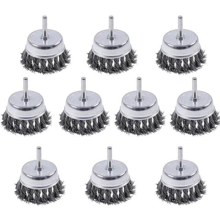 10 Pack Knotted Wire Cup Brush with 1/4Inch RoundShank, 3 Inch Wire