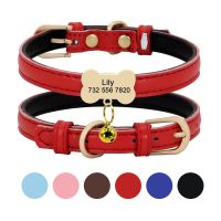 ℡ Puppy Dog Personalized ID Collar Pu Leather Dogs Cat Name Collars Necklace With Custom Engraved Tag Name Plate Free Bell Gift