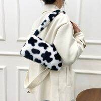 ZZOOI Fashion Women Cow Print Mini Shoulder Bags Female Winter Plush Underarm Bags Soft Fluffy Tote Bags Small Purses Shopping Totes