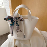 New PU leather shoulder handbag basket bag fashionable versatile bucket bag silk scarf large capacity women bag