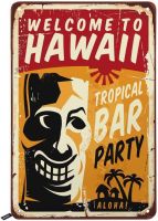 Aloha Tropical Bar ยินดีต้อนรับสู่ป้ายดีบุกของ Hawaii Aloha โปสเตอร์ปาร์ตี้ป้ายดีบุกโลหะพื้นหลังสีเหลืองสำหรับบาร์ร้านอาหารคาเฟ่ผับ