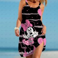 Disney Minnie Mickey Mouse Summer Elegant Women Love Printed Dress Off Shoulder O Neck Sexy Sleeveless Sling Beach Dress Design