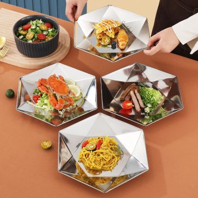 Thick 304 Stainless Steel Gold Serving Plate Restaurant Fish Seafood Sushi Hexagonal Dinner Plate Large Flat Storage Tray