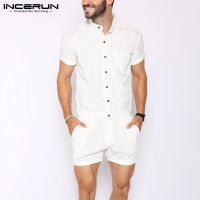 INCERUN Striped Men Rompers Breathable Stand Collar Short Sleeve Joggers Playsuits Streetwear Fashion Men Jumpsuits Shorts S-5XL