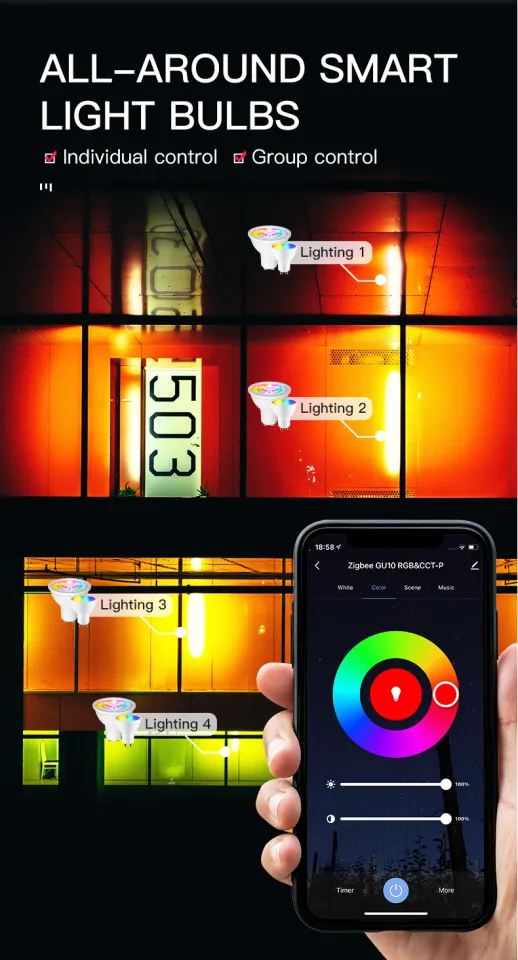 MOES Tuya ZigBee GU10 WIFI Smart LED Bulbs RGB C+W White Dimmable Lamps  Smart Life APP Control Light Bulbs Voice A lexa/G oogle