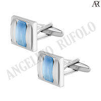 ANGELINO RUFOLO Cufflink(คัฟลิงค์) ดีไซน์ Double Catseye Square กระดุมข้อมือคัฟลิ้งโรเดียมคุณภาพเยี่ยม ตัวเรือนสีเงิน ประดับตกแต่งด้วย Catseye สีฟ้า/สีเทาอ่อน