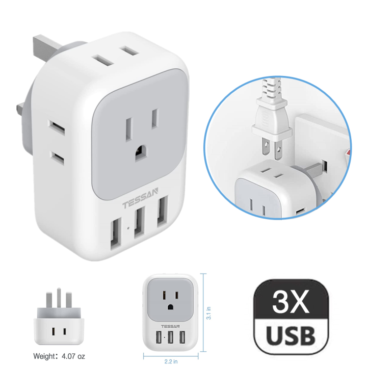 Travel Adapter Philippines to UK Plug Adapter with 3 USB, TESSAN Type G Travel Converter Wall