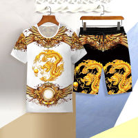 New summer mens sportswear suit mens 3D tiger short-sleeved casual slim T-shirt shorts Chinese dragon printed sports suit