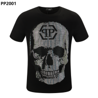 ที่มีคุณภาพสูงผู้ชาย Philipp Plein เพชรกะโหลกกระดูกจดหมายผ้าฝ้ายแขนสั้นเสื้อยืด PP เสื้อเย็นประเดิม