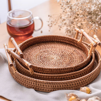 Hand Rattan Storage Tray With Wooden Handle Round Wicker Basket Bread Food Plate Fruit Cake Platter Dinner Serving Tray