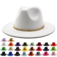 2022 New Big Brim Hat Flat Brim Top Hat Fedora Hat Autumn Winter Men And Women Chain Woolen Jazz Hat Fashion Panama Hat