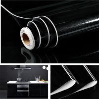 80cm Width Glossy Black Wallpaper Self Adhesive PVC Waterproof Oil Proof Sticker Kitchen Counter Panels Furniture Renovation