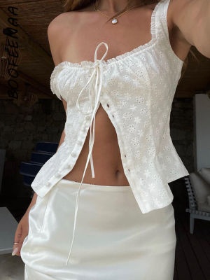 BOOFEENAA เสื้อครอปผู้หญิงผ้าแจ็คการ์ดเสื้อยืดสีขาวสไตล์ย้อนยุค C69-CG10 Y2k ฤดูร้อน