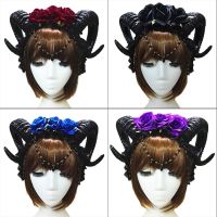 Mystical Womens Sheep Horn Headband 3 Rose Flower Jewelry Pendant Chain Hair Hoop Vampire Demon Gothic Cosplay Headpiece